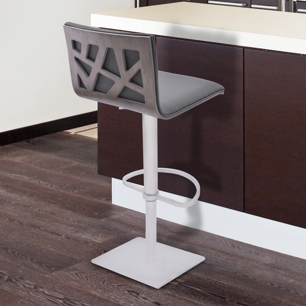 Adjustable Gray Faux Leather Walnut and Stainless Swivel Bar Stool