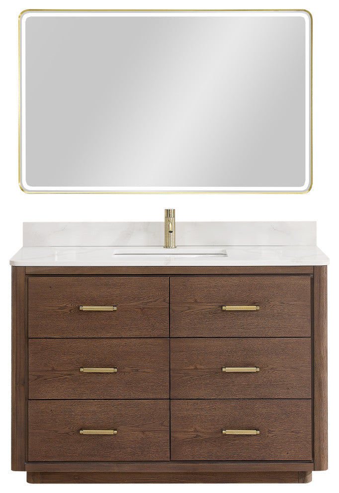 Porto Bath Vanity with White Quartz Stone Top, Dark Brown Oak, 48 in., With Mirror