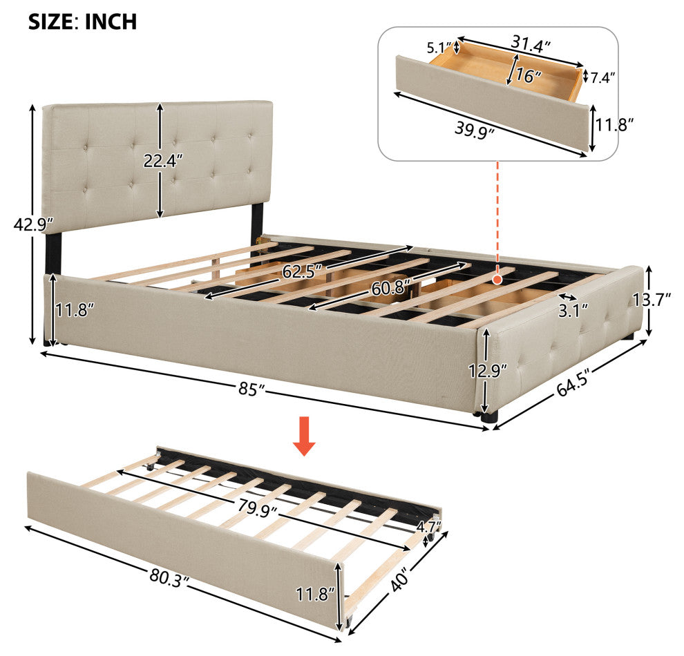 Queen Wood Frame Platform Bed with Drawers and Twin XL Trundle, Beige, Queen