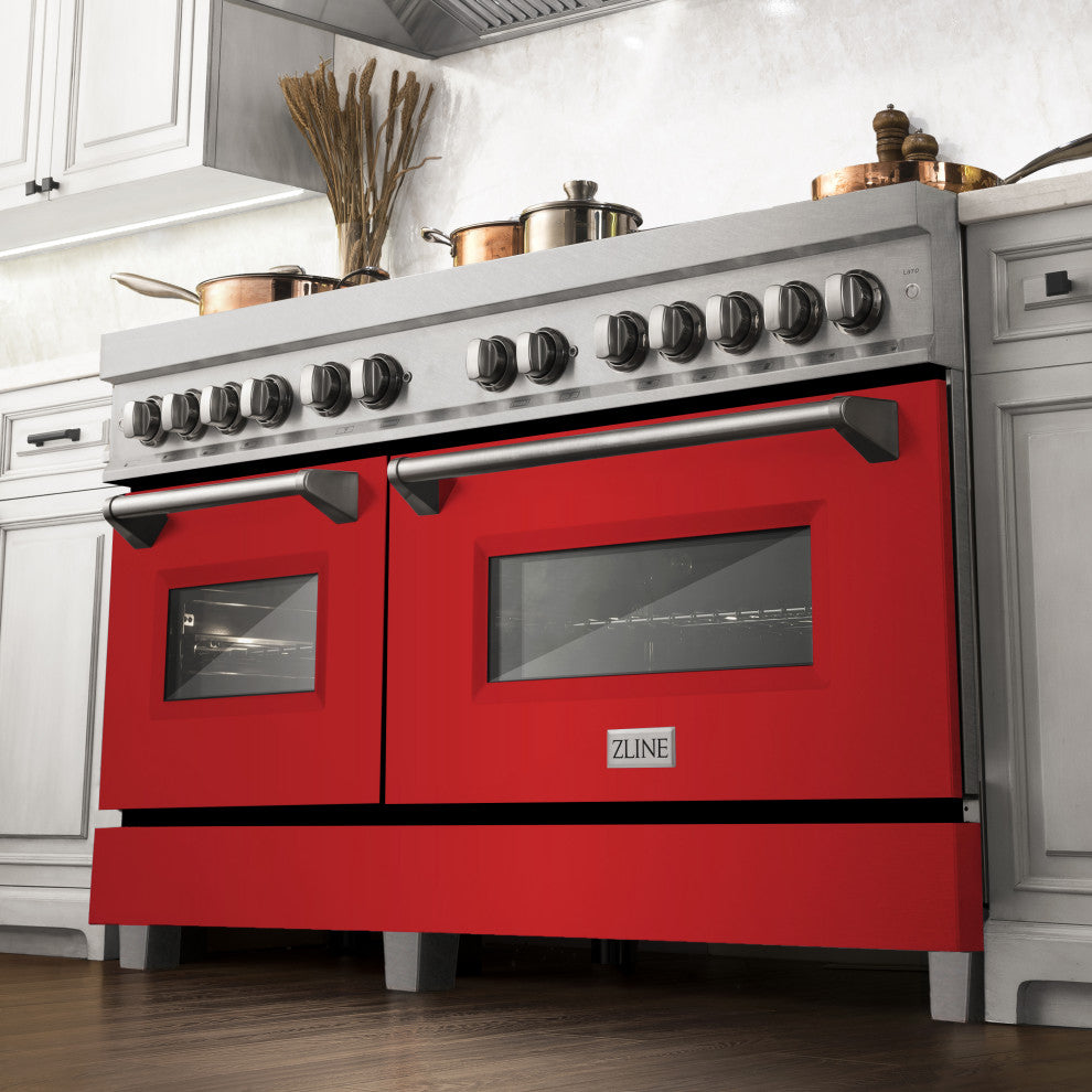 ZLINE 60" Dual Fuel Range, DuraSnow With Red Matte Door RAS-RM-60