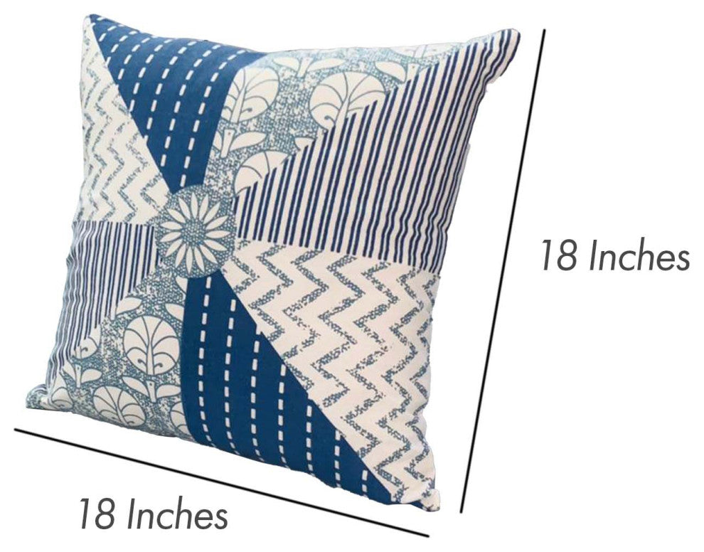 Benzara UPT-268970 Accent Pillow, Geometric Pattern, Cotton Cover, Blue/White