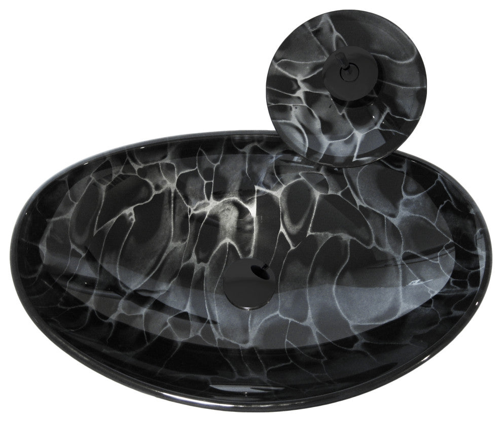 Tartaruga Oval Glass Vessel Sink Combo Set with Faucet and Drain, Matte Black