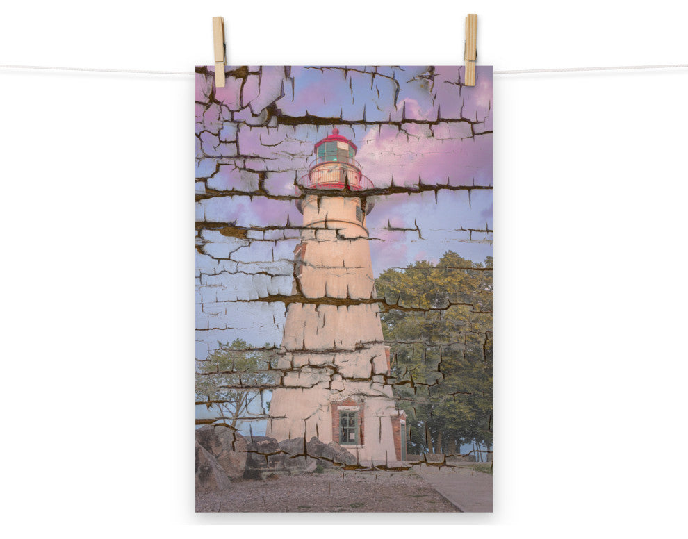 Faux Wood Texture Marblehead Lighthouse at Sunset Unframed Wall Art Prints, 12" X 18"