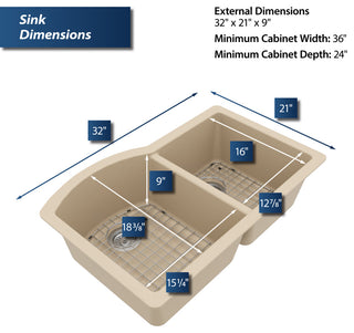 Karran Undermount Quartz 32" 60/40 Double Bowl Kitchen Sink Kit, Bisque