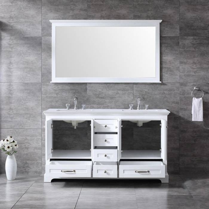 Dukes 60" White Double Square Sink Vanity with Quartz Top, With Faucet and Mirro