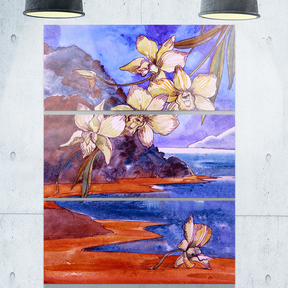 "White Orchid With Sea" Glossy Metal Wall Art, 3 Panels, 28"x36"
