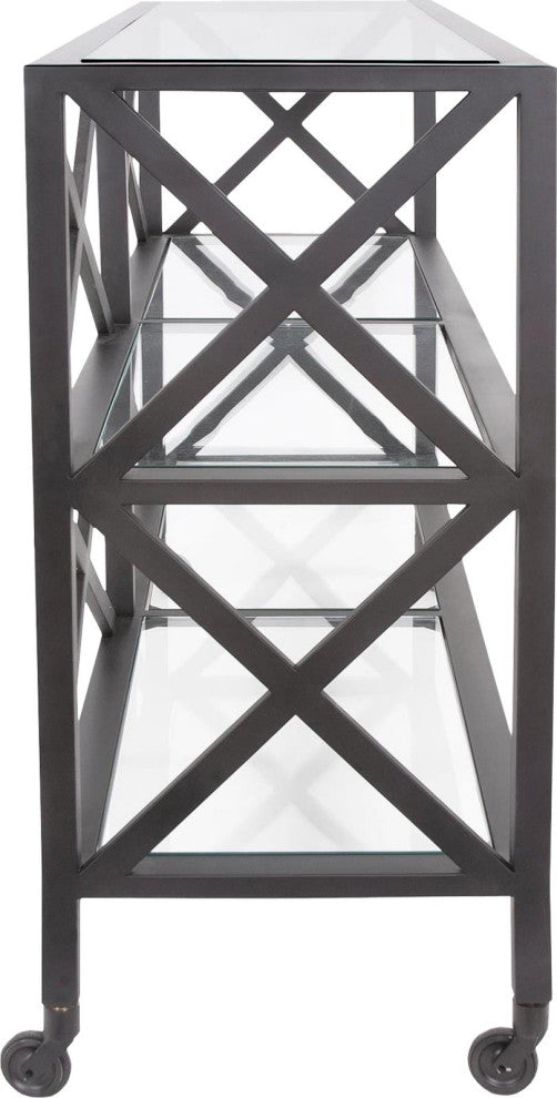 Sleek Doshi Rolling Console With Glass Shelves