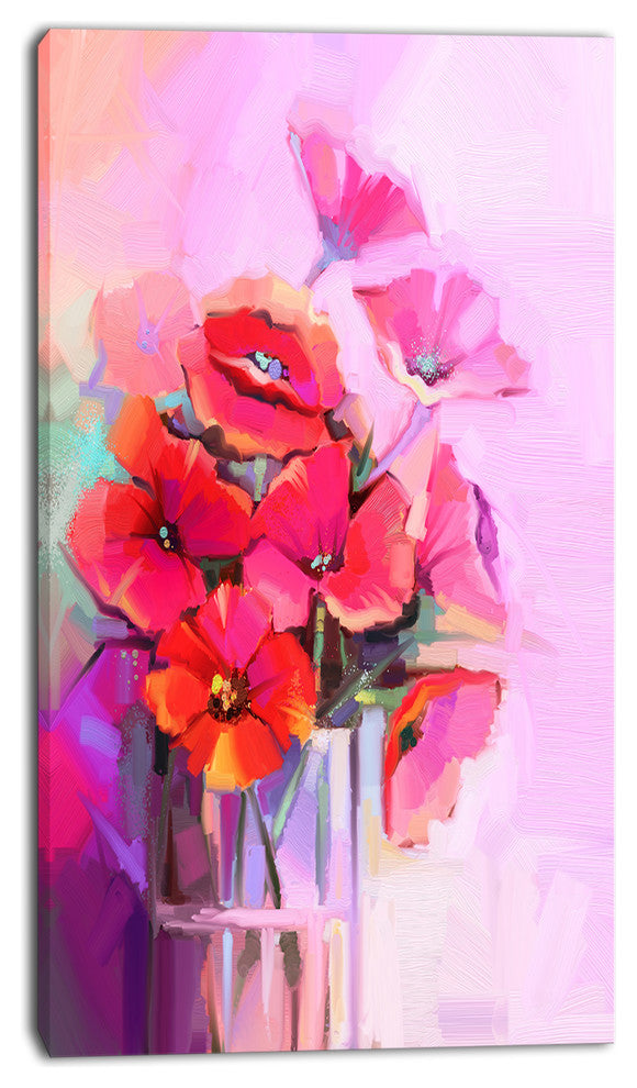 Bouquet of Poppies in Glass Vase, Large Floral Canvas Art Print, 16"x32"