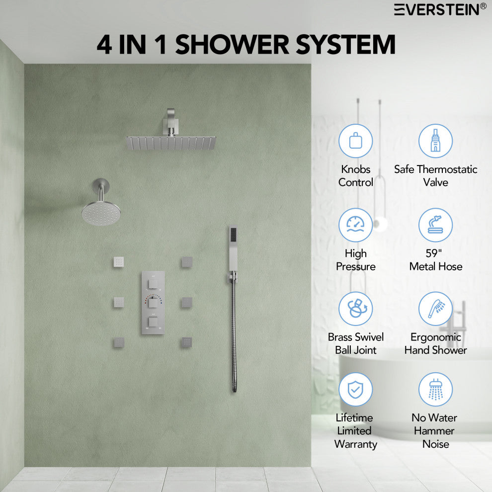 Dual Heads 12" Rain Shower System With 3 Way Thermostatic Faucet,Body Jets, Brushed Nickel