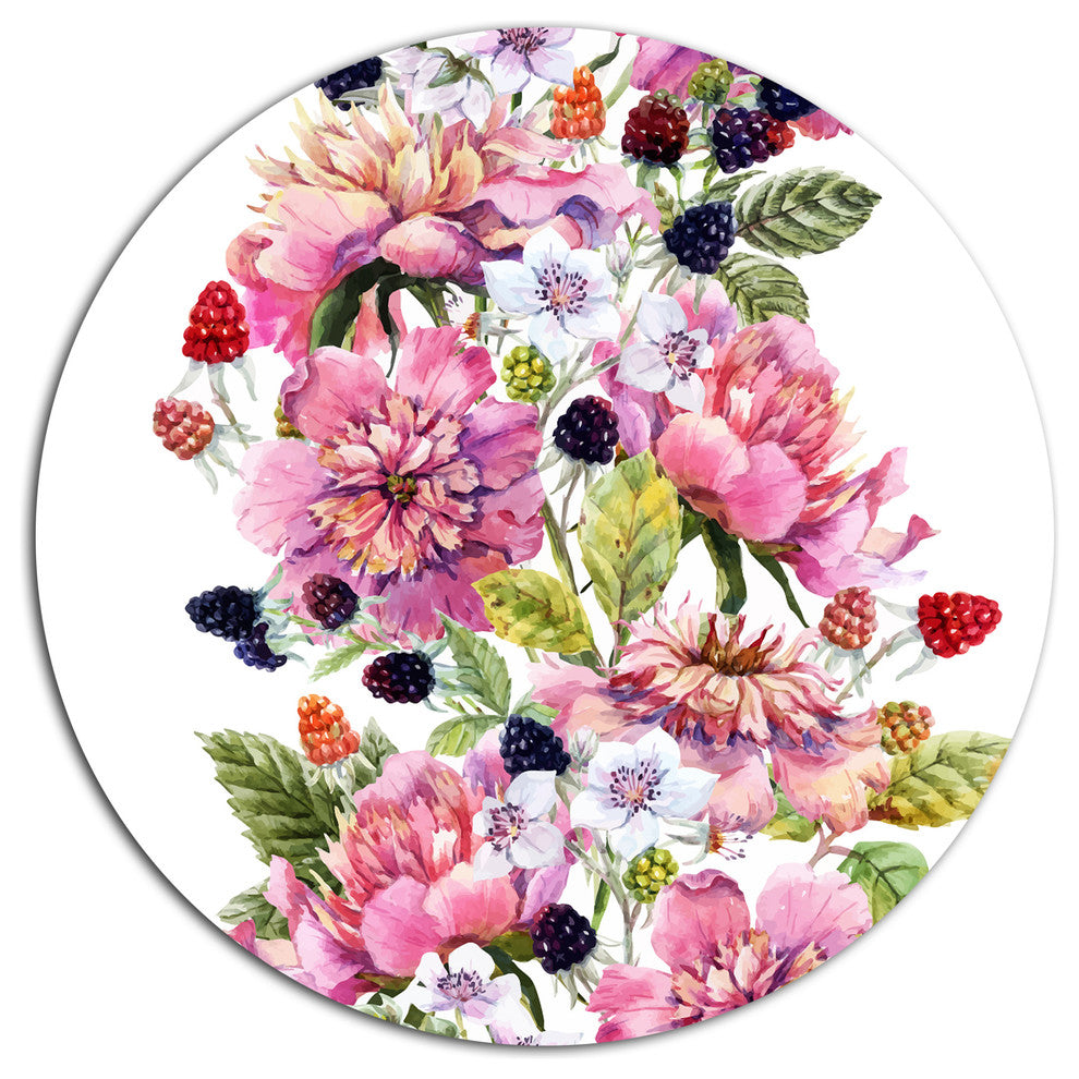 Watercolor Pink Floral Composition, Floral Disc Metal Wall Art, 38"