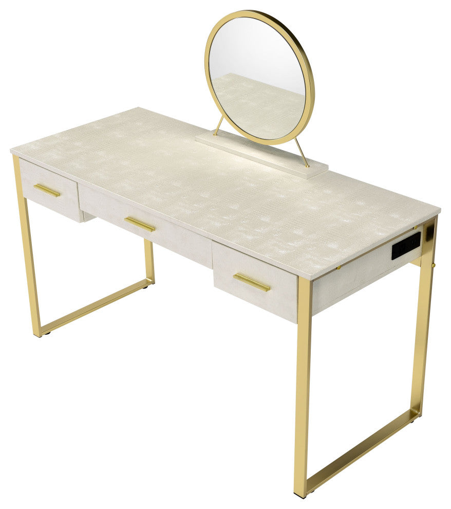 ACME Myles Vanity Set With USB Port, Antique White, Champagne