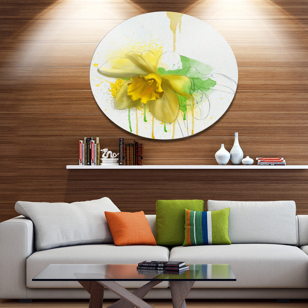 Yellow Narcissus Flower Watercolor, Floral Disc Metal Wall Art, 36"