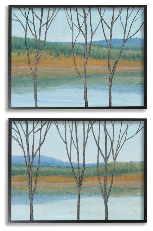 Lakeside Landscape With Bare Trees Nature Painting2-Piece, 16x20