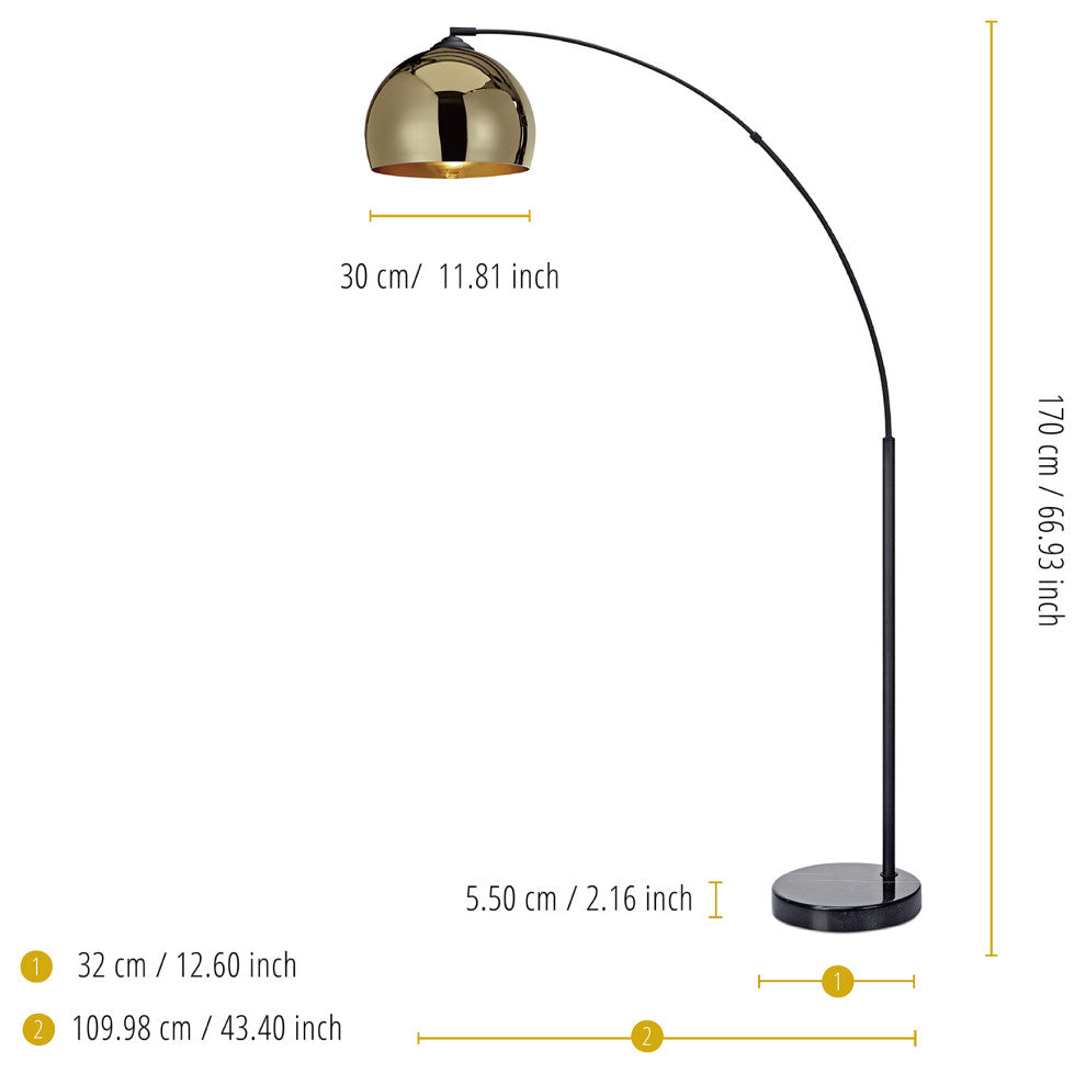 Arc Floor Lamp, Gold Shade, Black Marble Base