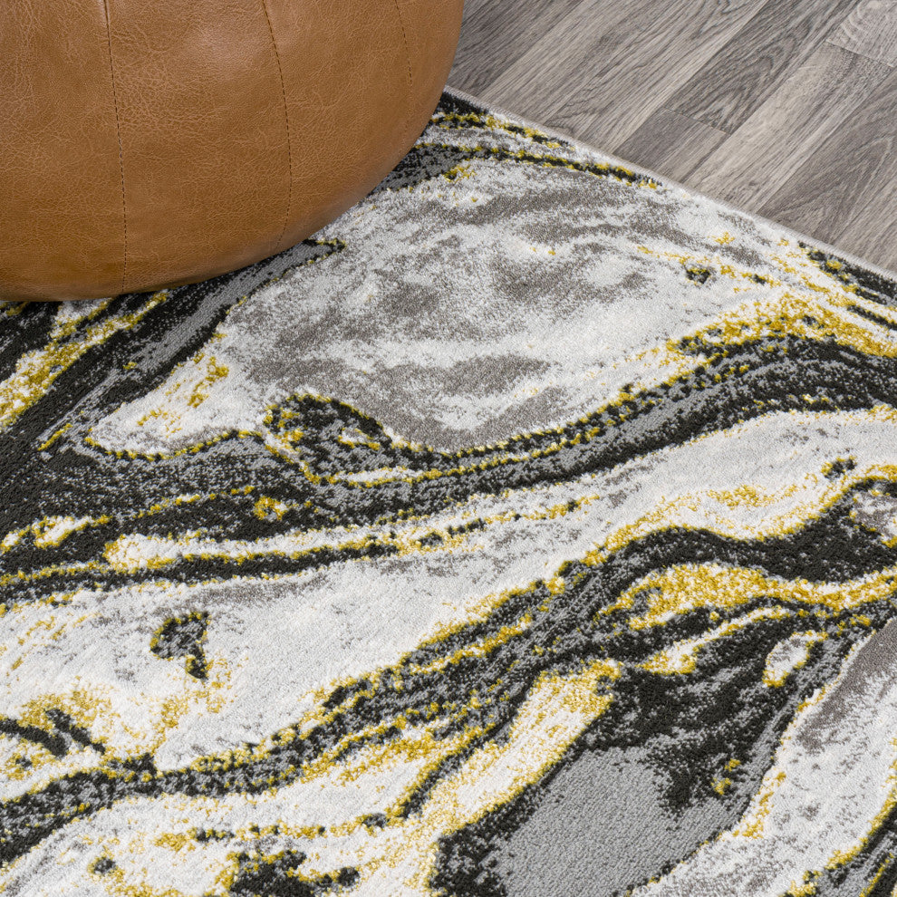 Swirl Marbled Abstract Area Rug, Black/Yellow, 3 X 5