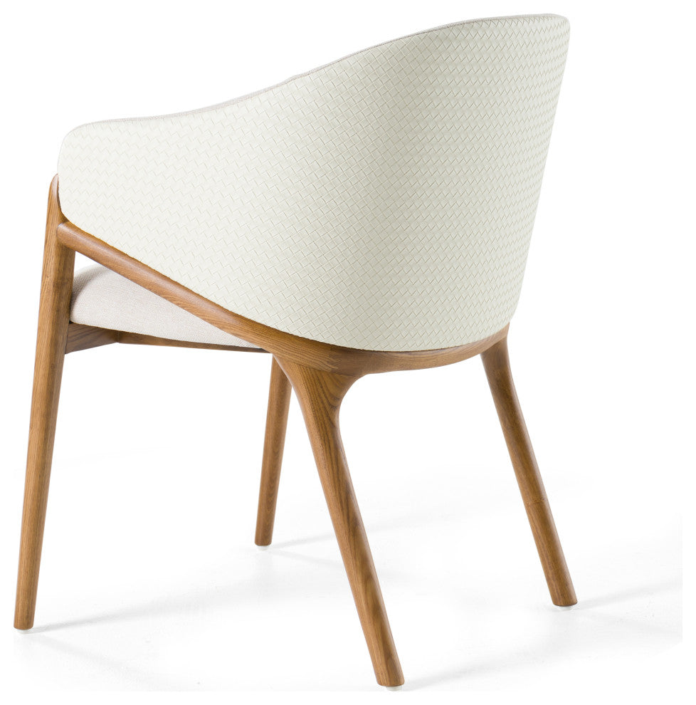 Modrest Lunde Cream Fabric, Vegan Leather & Walnut Arm Dining Chair