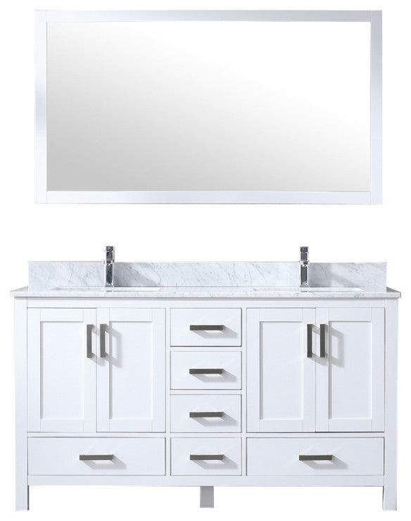 Jacques 60" Double Vanity Cabinet Carrara Marble Top Sinks, 58" Wall Mirror