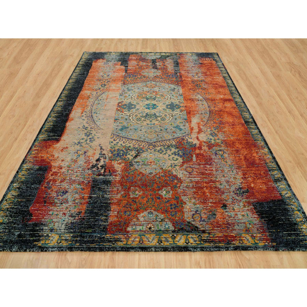 Orange Hand Knotted Ancient Ottoman Erased Design Ghazni Wool Rug 9'2"x12'