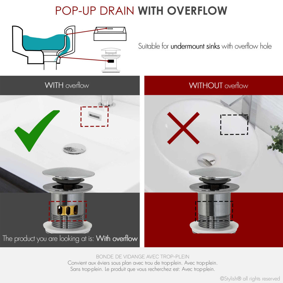 STYLISH Polished Chrome Pop-Up Bathroom Sink with Overflow Set of Two