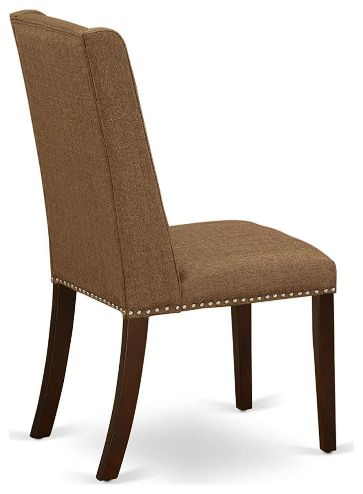 Set of 2 Parson Dining Chairs, Nailhead Trim, Linen Fabric Upholstered, Brown Beige