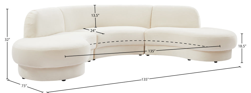 Rosa Velvet Upholstered 3-Piece Sectional, Cream