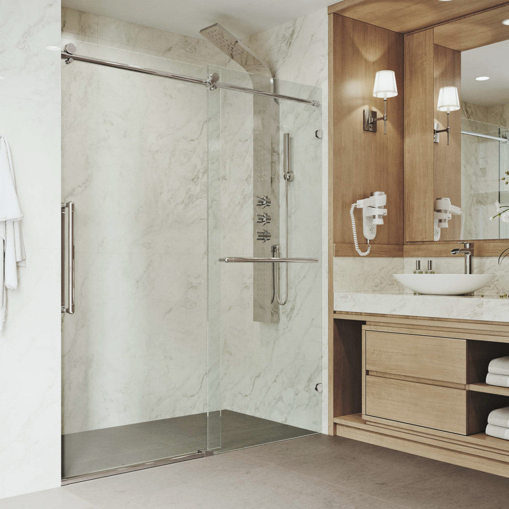 VIGO Ferrara Frameless Sliding Shower Door, Stainless Steel, 72" to 73" W X 74" H, Clear Glass