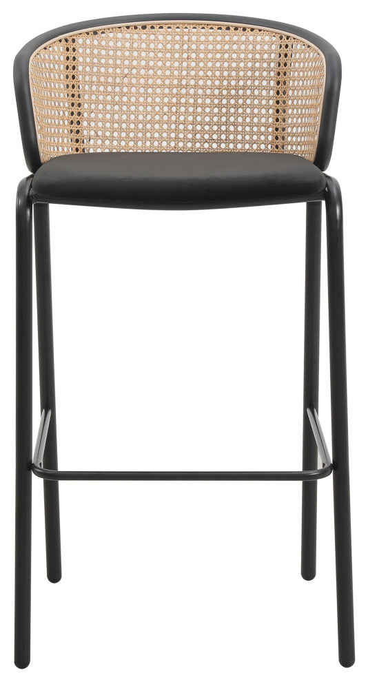 LeisureMod Ervilla Wicker Bar Stool With Black Powder Coated Frame, Black
