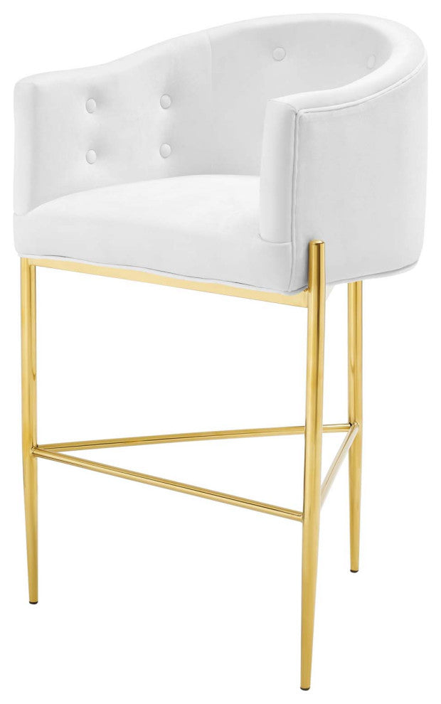 Tufted Bar Stool Chair Barstool, Set of 2, Velvet, Metal, White, Modern, Bar Pub