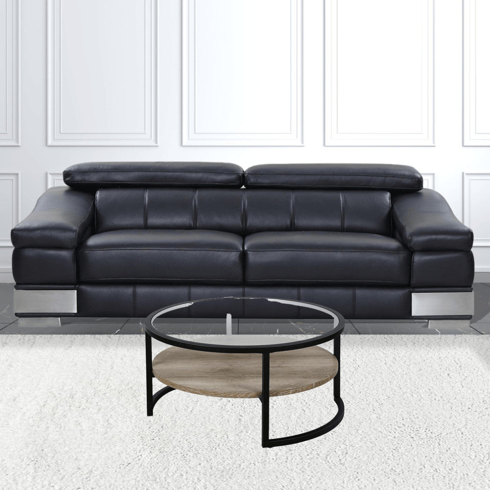 34" Black Glass And Steel Round Coffee Table With Shelf
