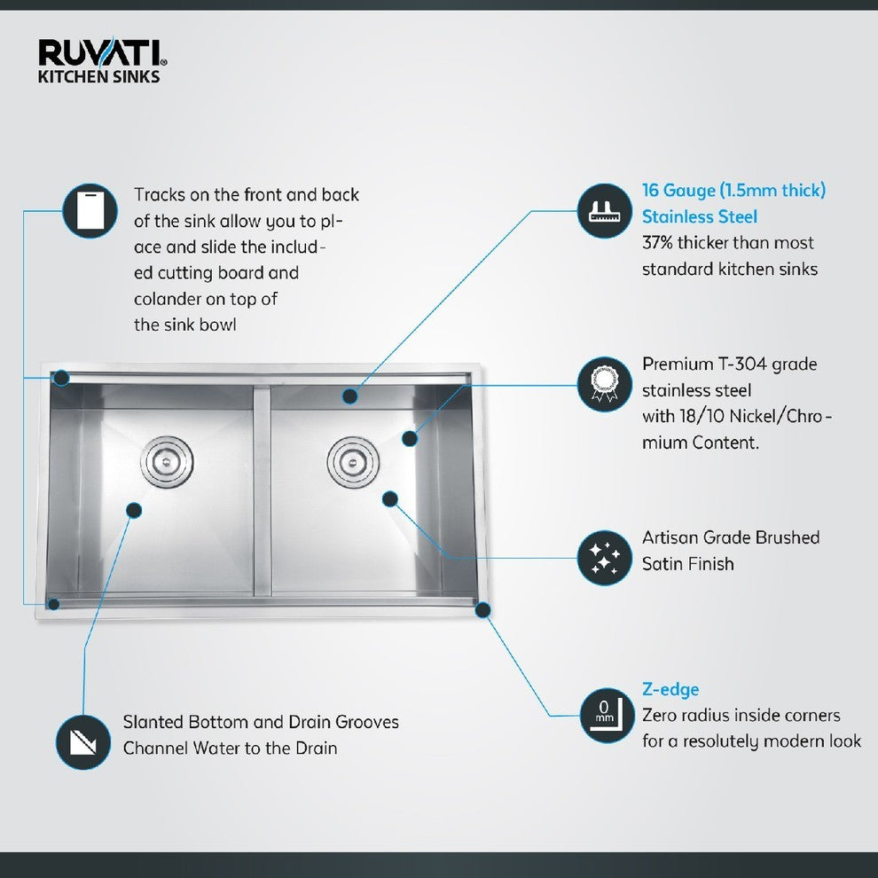 Ruvati RVH8350 Undermount 16 Gauge 33" Kitchen Sink Double Bowl