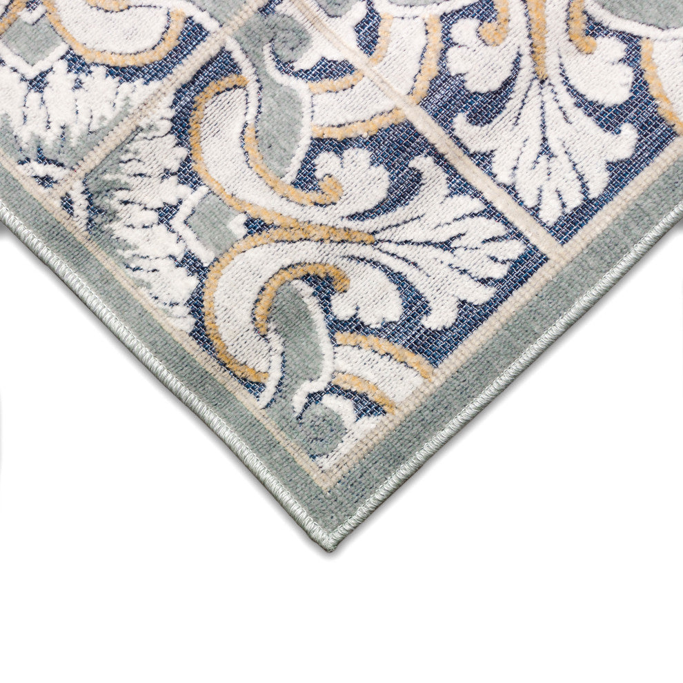 Canyon Floral Tile Indoor/Outdoor Rug, Navy, 7'8"square