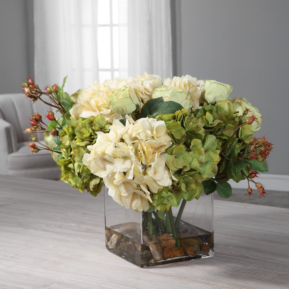 Elegant Cream Green Hydrangea Rose Spring Flower Bouquet Vase