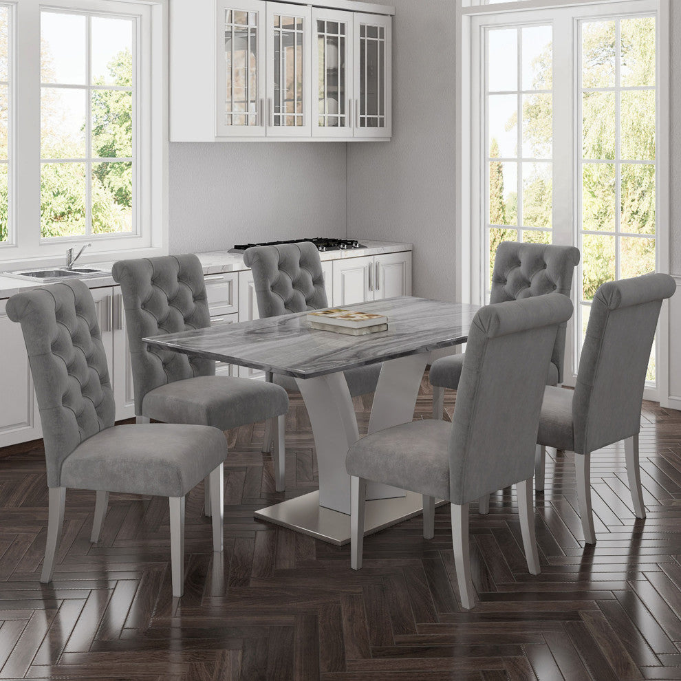 Contemporary Faux Marble, Stainless Steel Rectangular Dining Table, Light Gray