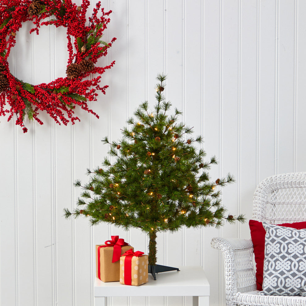 3' Colorado Mountain Pine Faux Xmas Tree W/Lights, Bendable Branches & Pinecones