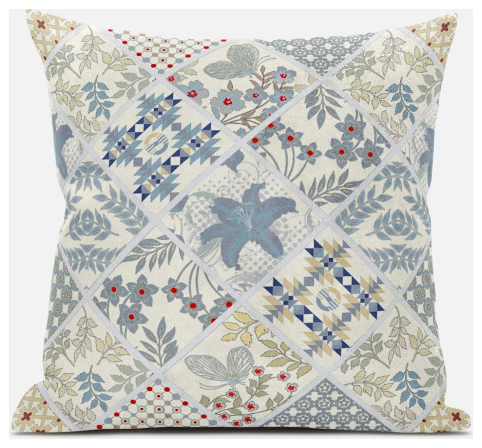 18 White Blue Patch Suede Throw Pillow