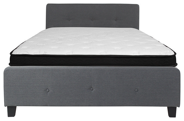 Queen Size Tufted Platform Bed in Dark Gray Fabric with Memory Foam Mattress