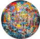 Night City With People, Cityscape Round Metal Wall Art, 38"