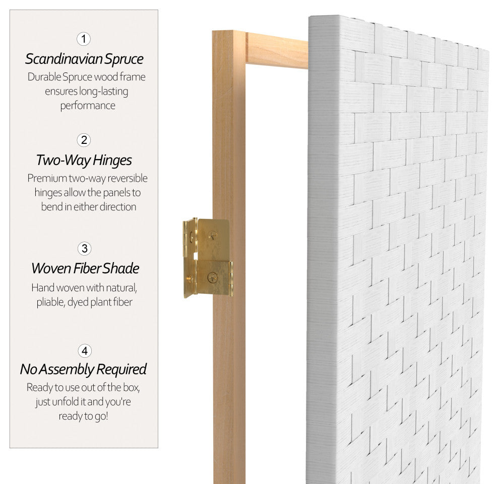6' Tall Woven Fiber Room Divider, 5 Panel, White