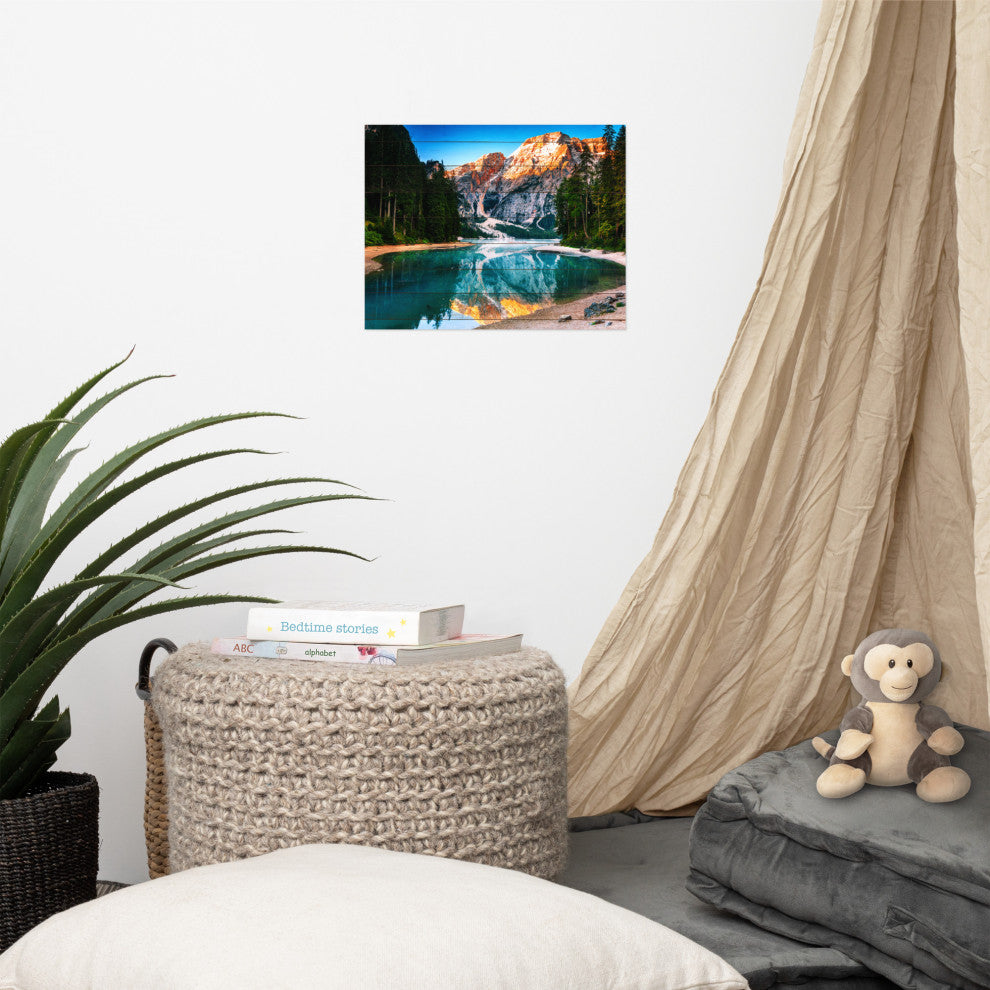 Faux Wood Misty Lake and Snow-cap Mountain Reflections Unframed Wall Art Prints, 11" X 14"