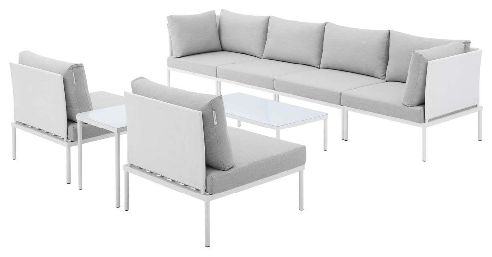 Sectional Sofa Chair Table Set, Sunbrella, Aluminum, White Gray, Outdoor