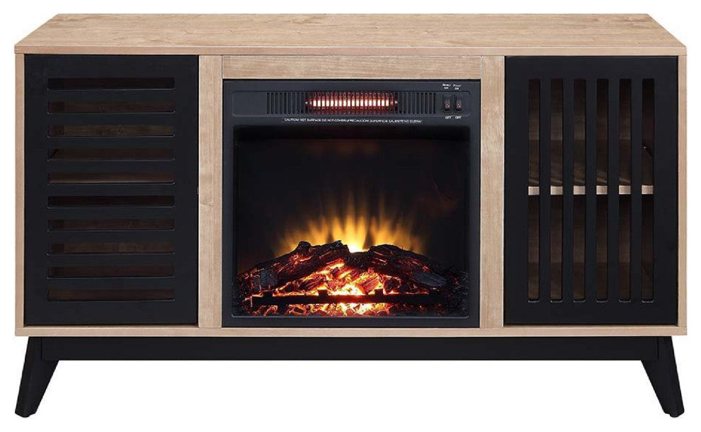 Benzara BM274623 47" Wood Console Table, LED Electric Fireplace, Oak Brown/Black