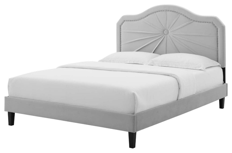 Platform Bed Frame, King Size, Velvet, Light Gray, Modern Contemporary