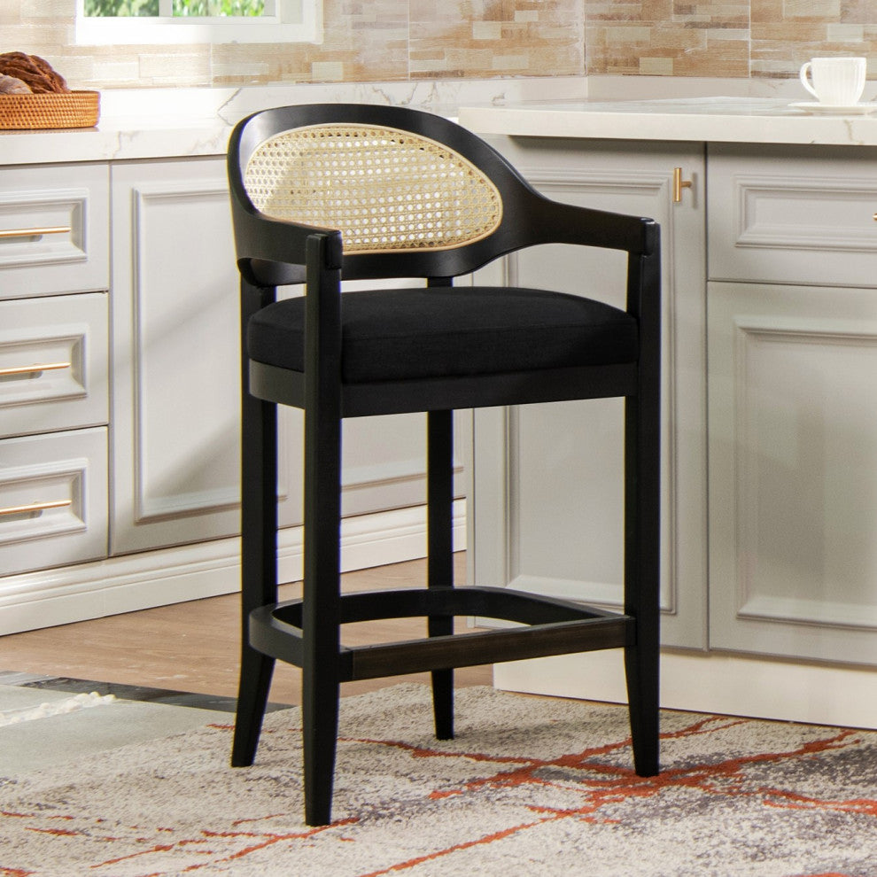 Americana Mid-Century Modern Rattan Cane Back Stool, Jet Black Woven, 26" Counter Height