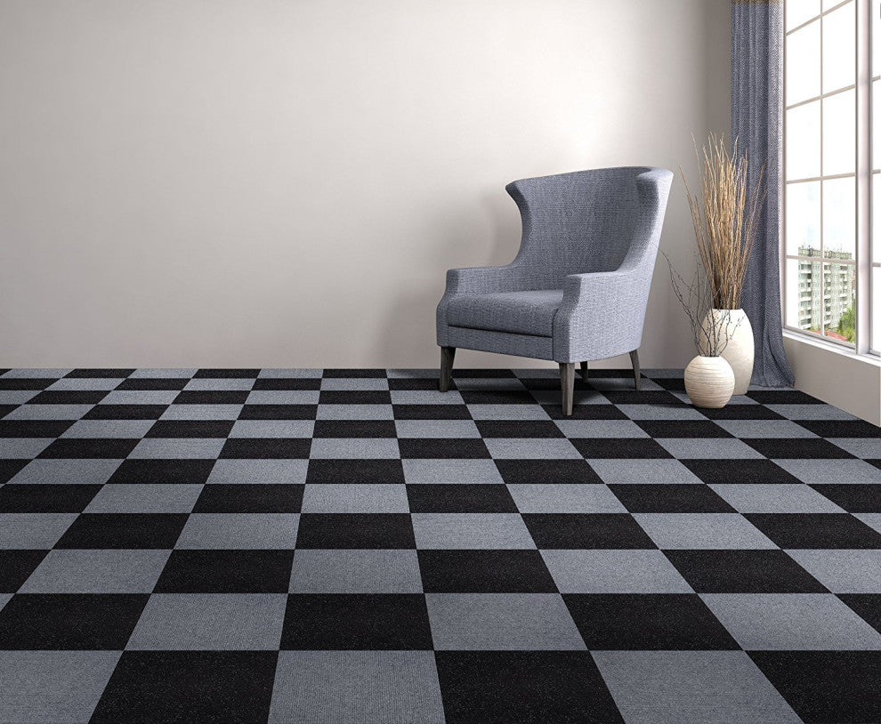 Jet Black Self-Adhesive Solid Carpet Tiles 12Pcs - Actual: 12" x 12"