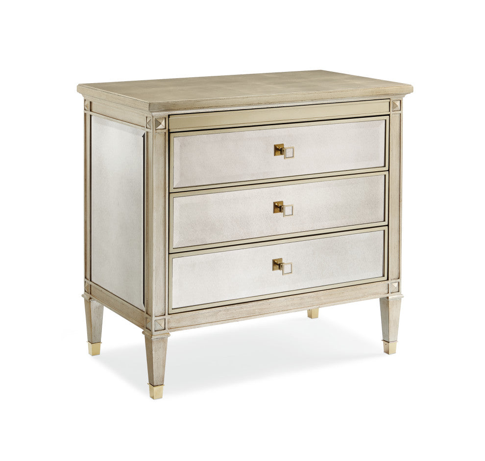 A Classic Beauty, Silver Leaf and Antique Mirror 3-Drawer Nightstand