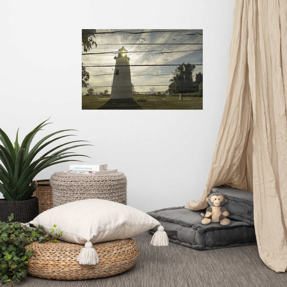 Faux Rustic Reclaimed Wood Turkey Point Lighthouse Unframed Wall Art Prints, 24" X 36"