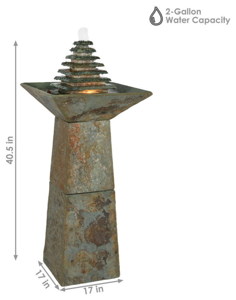 Sunnydaze Layered Slate Pyramid Outdoor Water Fountain With LED, 40"