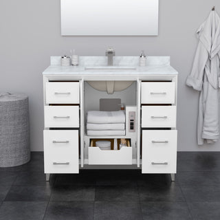 Amici 42" White Single Vanity, White Carrara Marble Top, Satin Bronze Trim