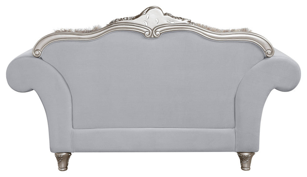 Pelumi Loveseat With5 Pillows, Light Gray Linen and Platinum Finish