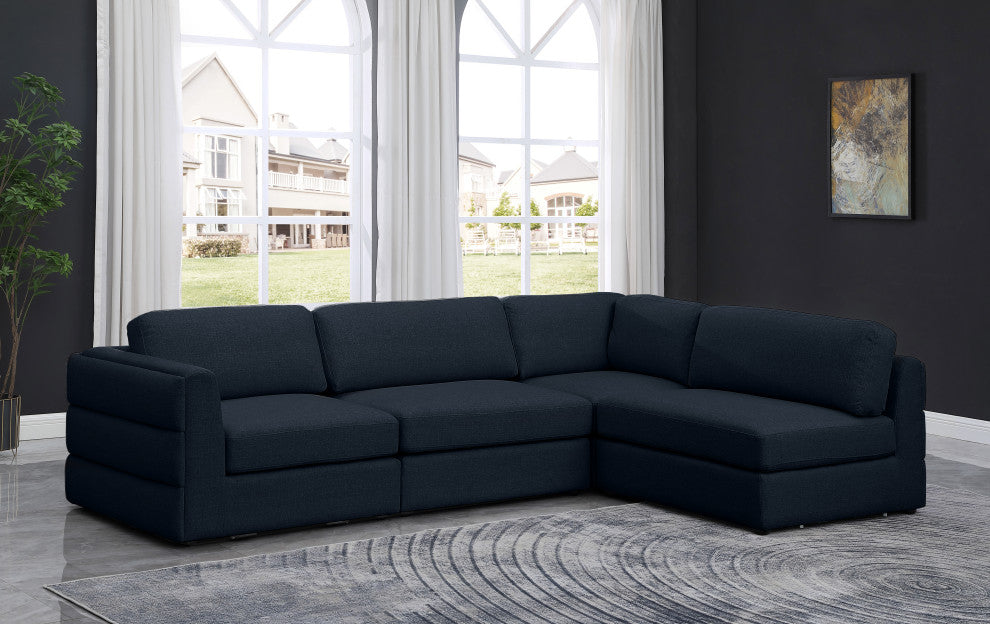 Beckham Linen Textured Fabric 4-Piece Modular L-Shaped Sectional, Navy
